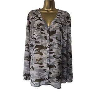 Torrid Sheer Top Shirt Women's sz 2 Button Up  Military Kamo Print Long Sleeves